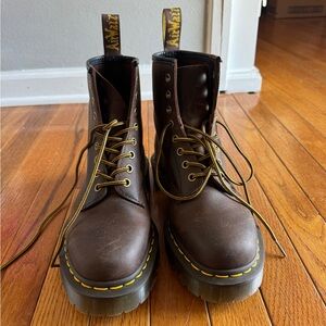 Dr. Martens Dark Brown Leather Boots with Yellow Stitching